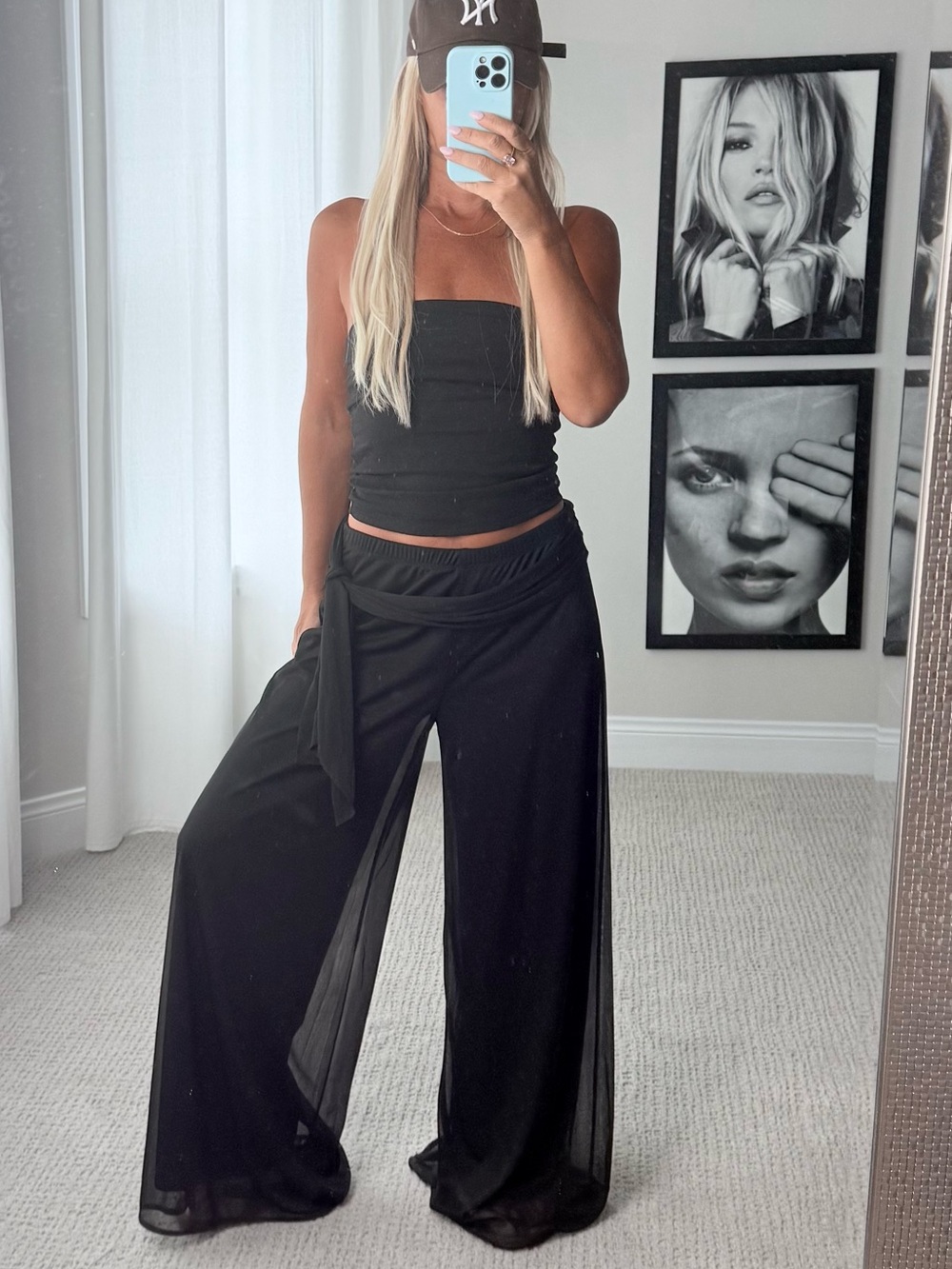 Y2K Notations Womenโs Black Wide-Leg Sheer Overlay palazzo Pants